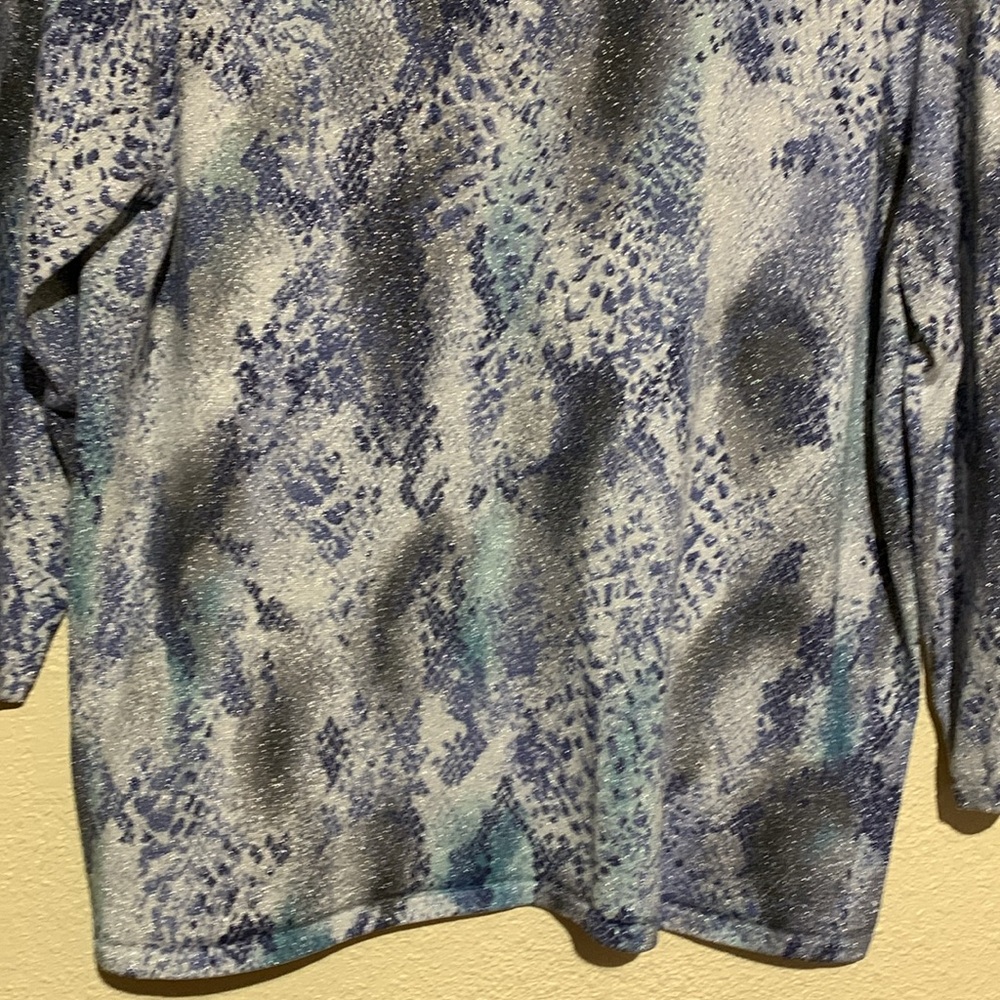 Alfred Dunner Top Blouse M Stretchy Beaded Metallic Pull Over Blue Gray Rayon - Picture 15 of 16